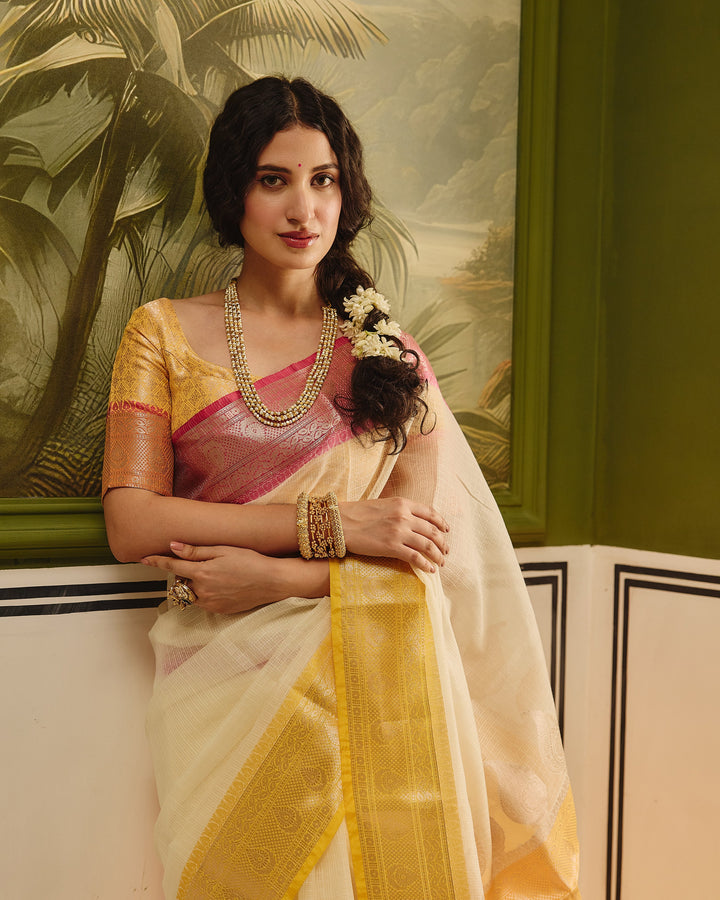 River White Yellow Doria Butta Border Saree