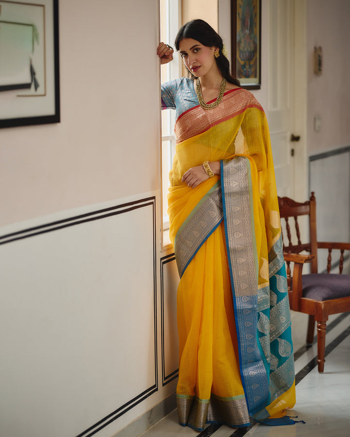 Viona Yellow Blue Doria Butta Border Saree