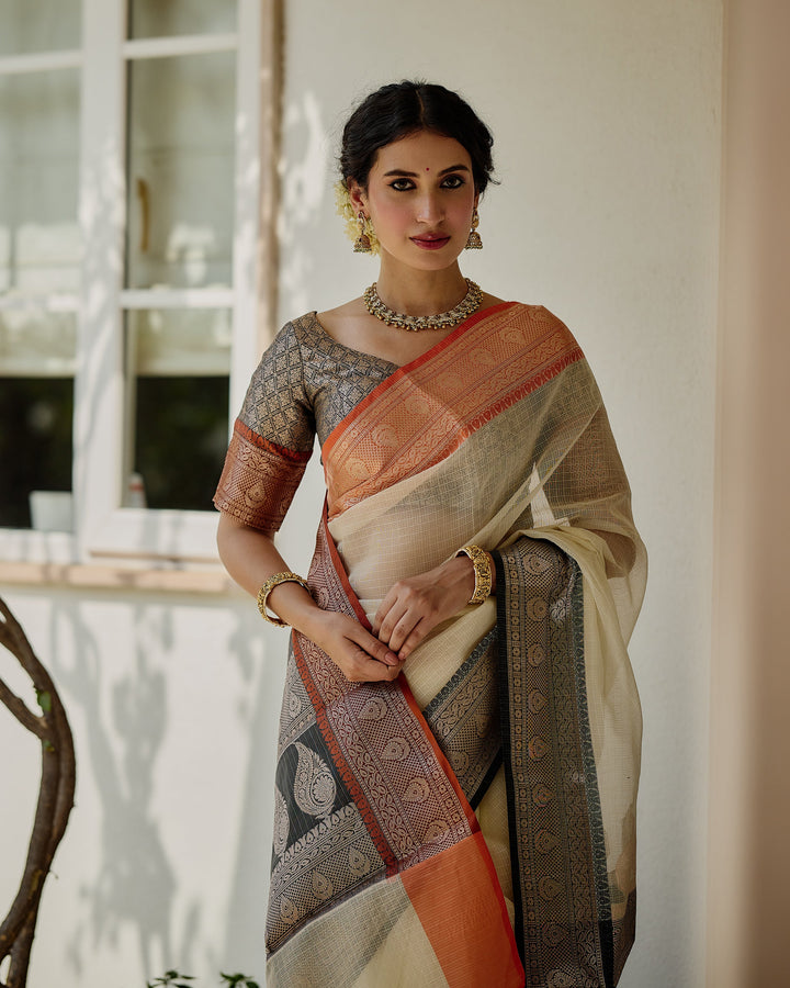 Evora White Black Doria Butta Border Saree
