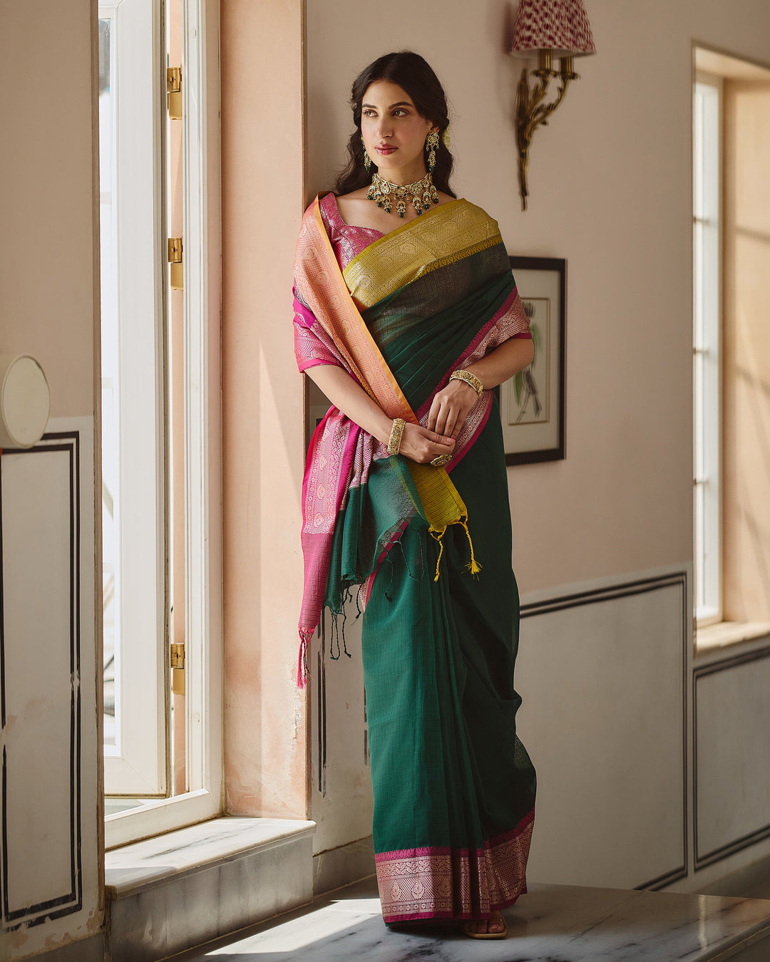 Astera Green Pink Doria Butta Border Saree