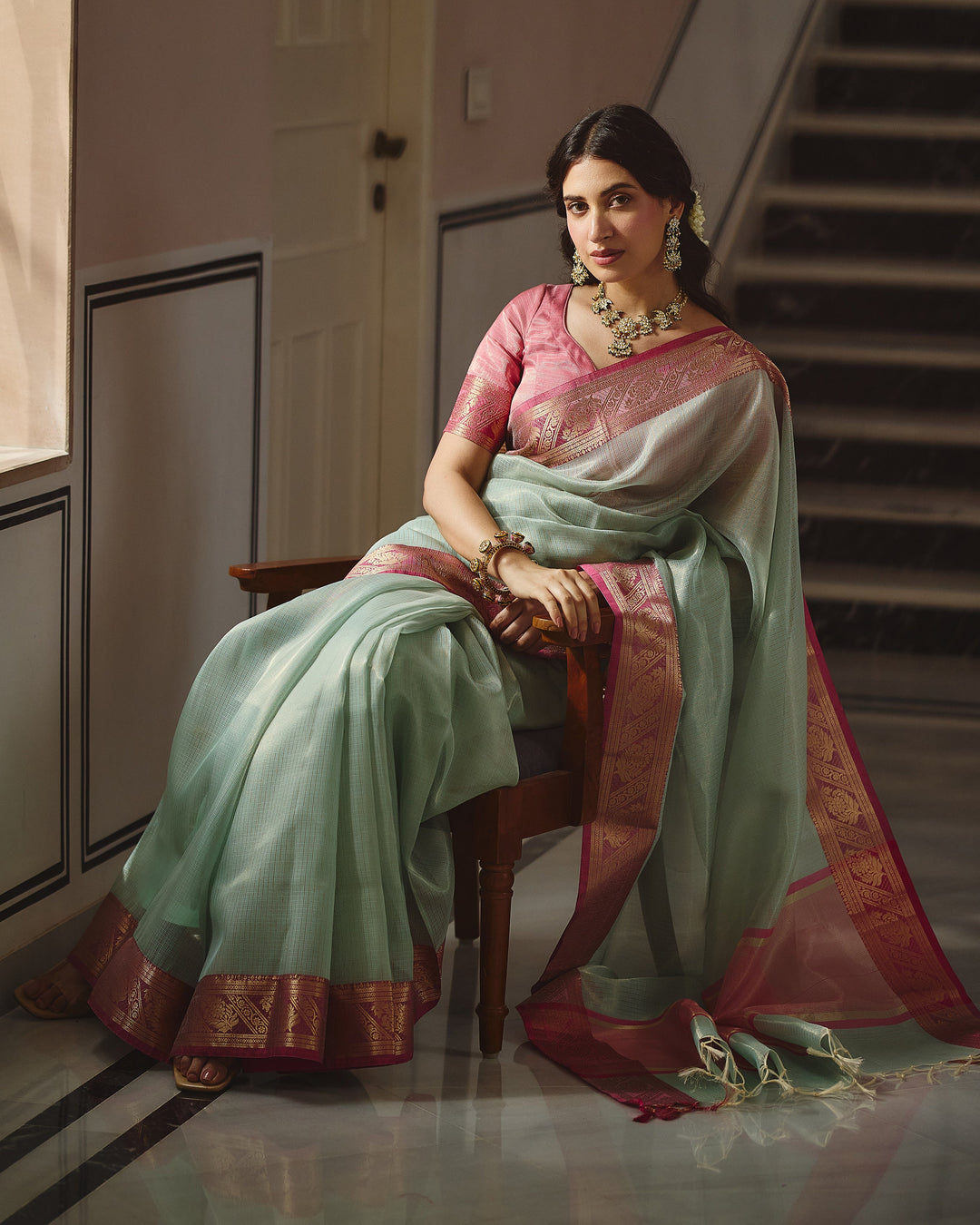 Rajat Sky Pink Doria Zari Border Saree
