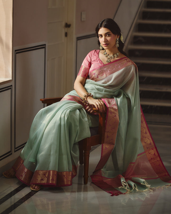 Rajat Sky Pink Doria Zari Border Saree