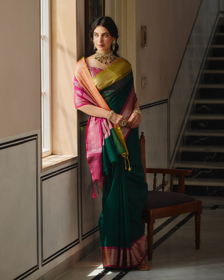 Astera Green Pink Doria Butta Border Saree