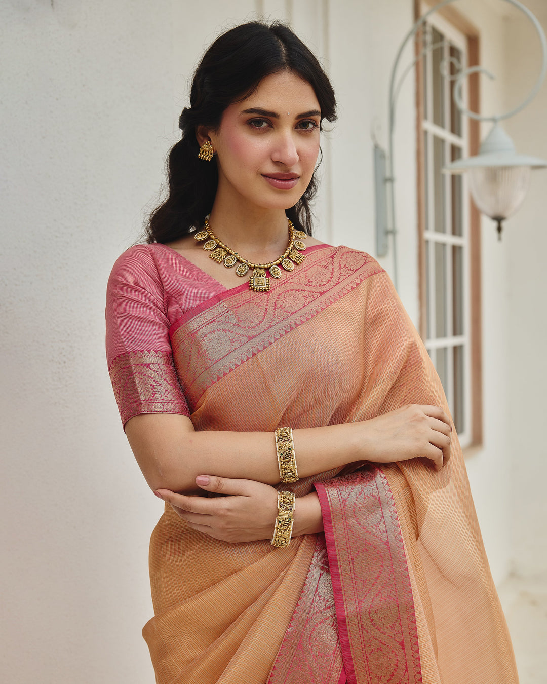 Charm Peach Pink Doria Zari Border Saree