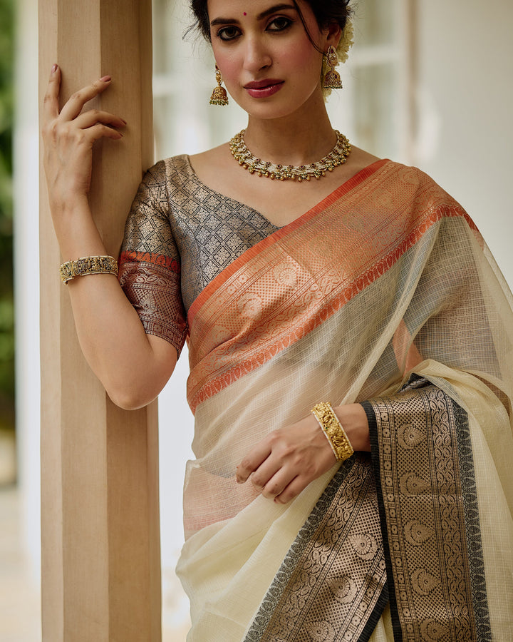 Evora White Black Doria Butta Border Saree
