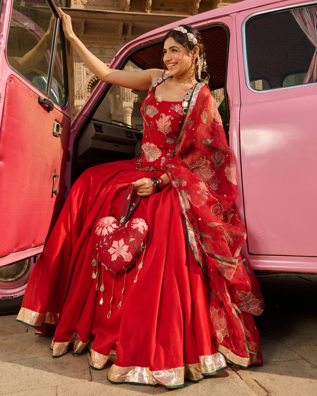 Nazm Red Printed Chanderi Lehenga Set