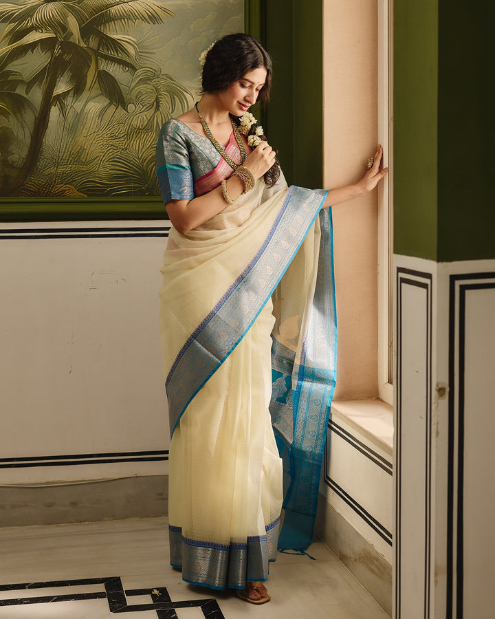 Elaria White Blue Doria Butta Border Saree