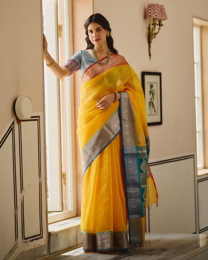 Viona Yellow Blue Doria Butta Border Saree