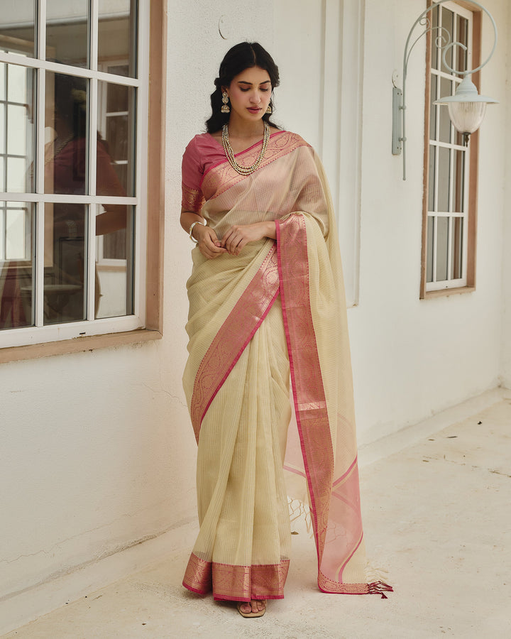 Keeni Beige Pink Doria Zari Border Saree