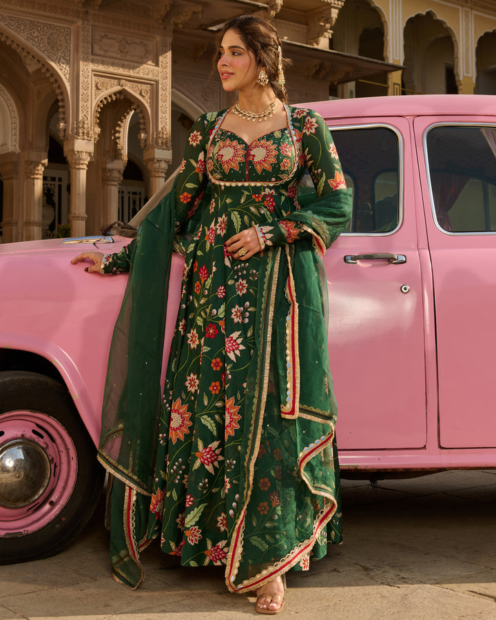 Zehra Green Printed Chanderi Suit Set