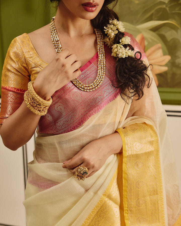 River White Yellow Doria Butta Border Saree