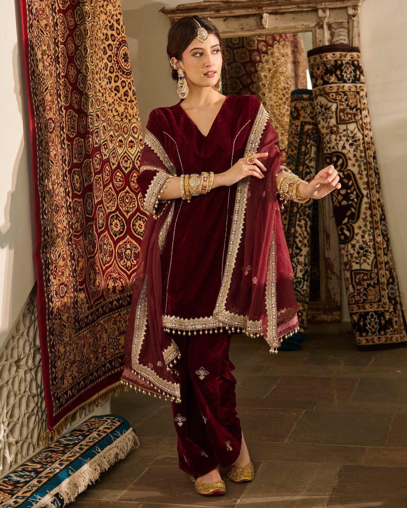 Jack Maroon Embroidered Velvet Suit Set