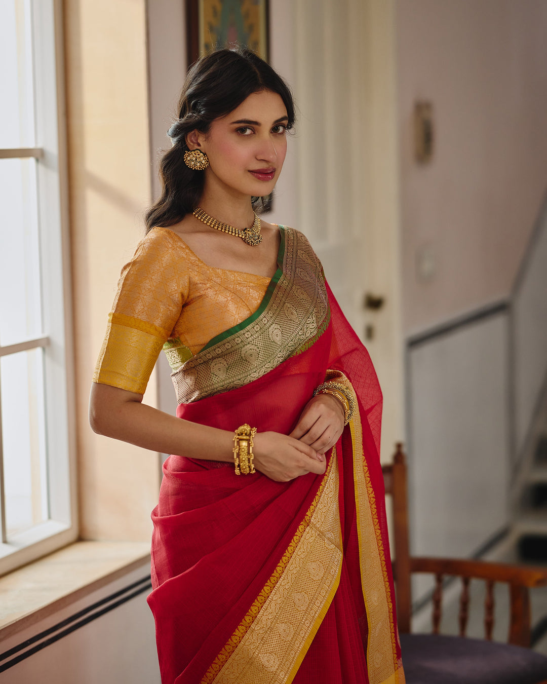 Shahi Red Yellow Doria Butta Border Saree