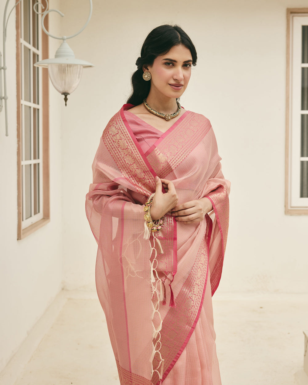 Soraya Pink Doria Zari Border Saree