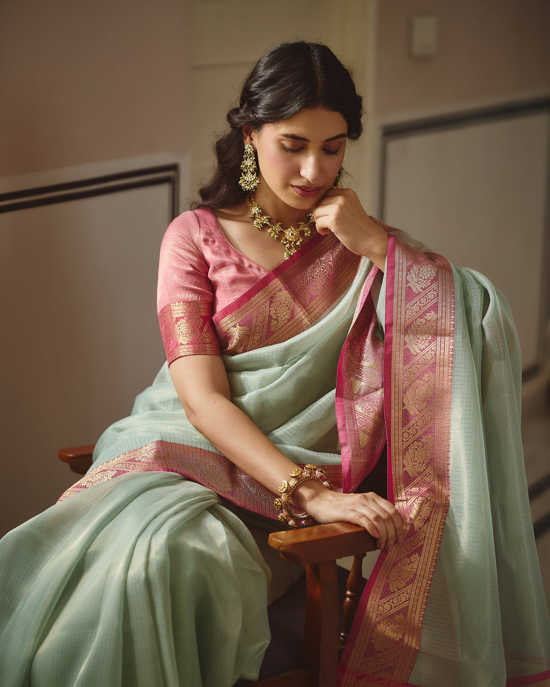 Rajat Sky Pink Doria Zari Border Saree