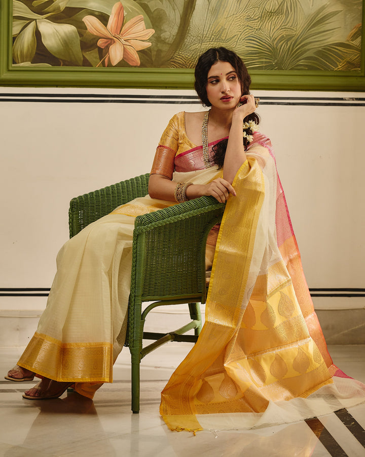 River White Yellow Doria Butta Border Saree
