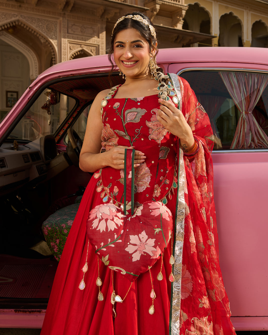 Nazm Red Printed Chanderi Lehenga Set