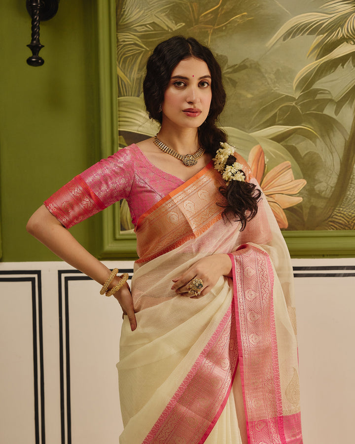 Tana White Pink Doria Butta Border Saree