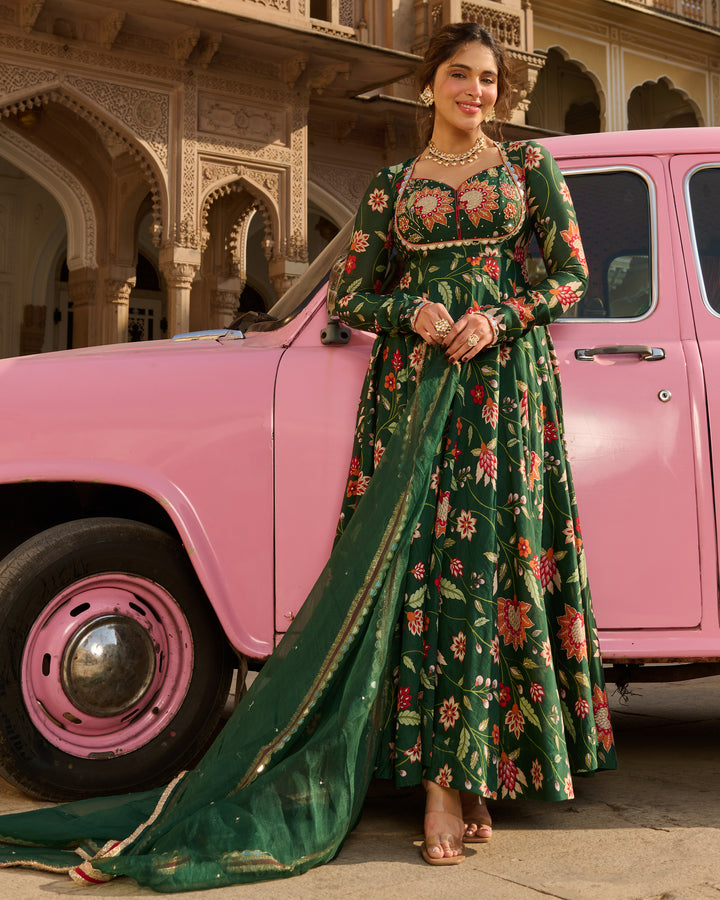 Zehra Green Printed Chanderi Suit Set