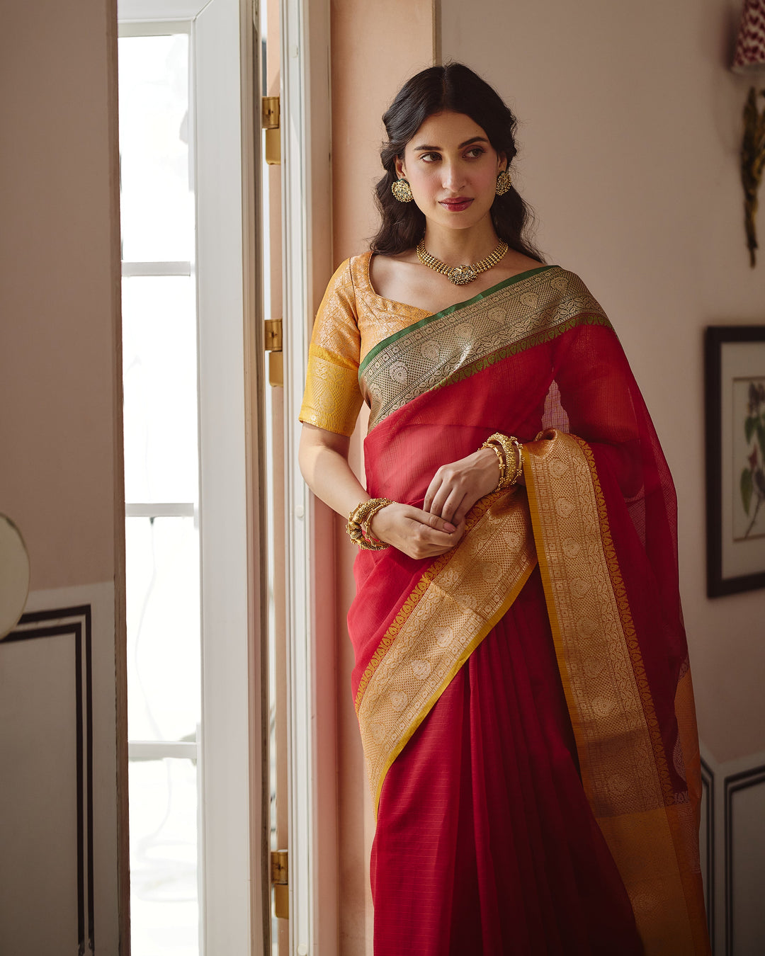 Shahi Red Yellow Doria Butta Border Saree