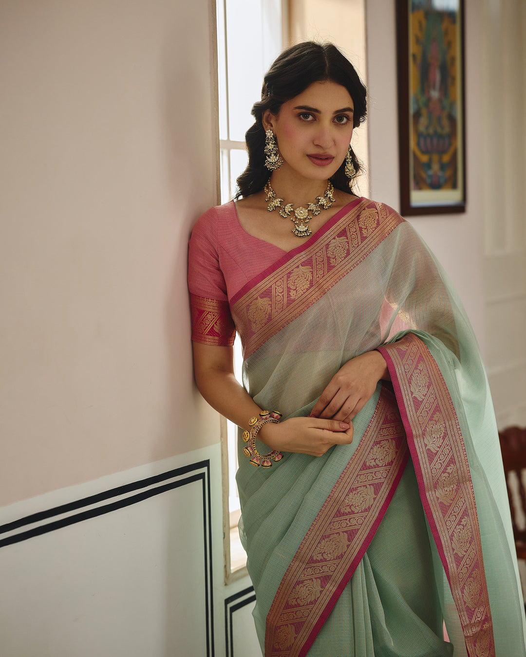 Rajat Sky Pink Doria Zari Border Saree
