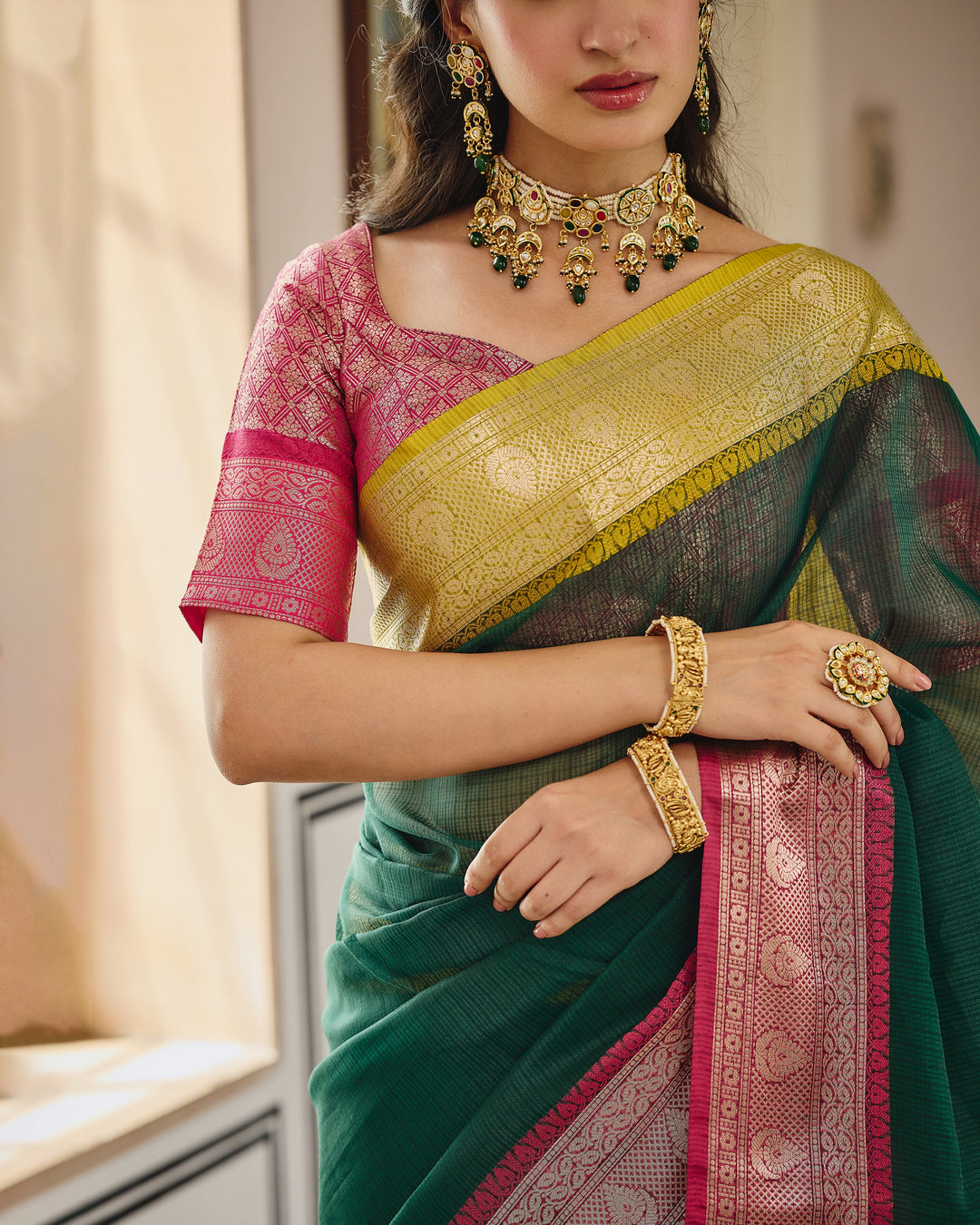 Astera Green Pink Doria Butta Border Saree