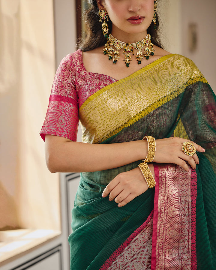 Astera Green Pink Doria Butta Border Saree