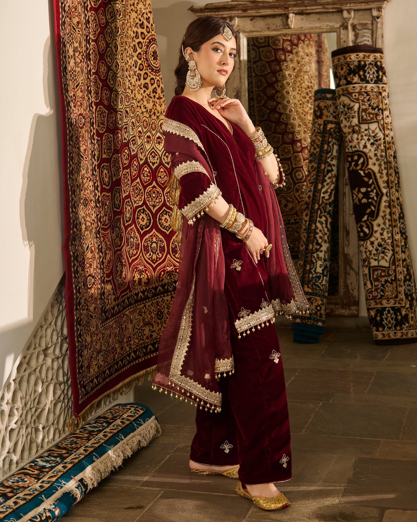 Jack Maroon Embroidered Velvet Suit Set