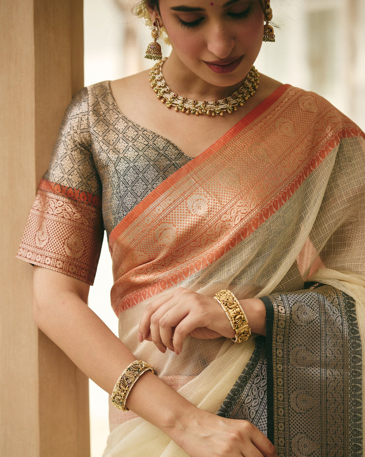 Evora White Black Doria Butta Border Saree