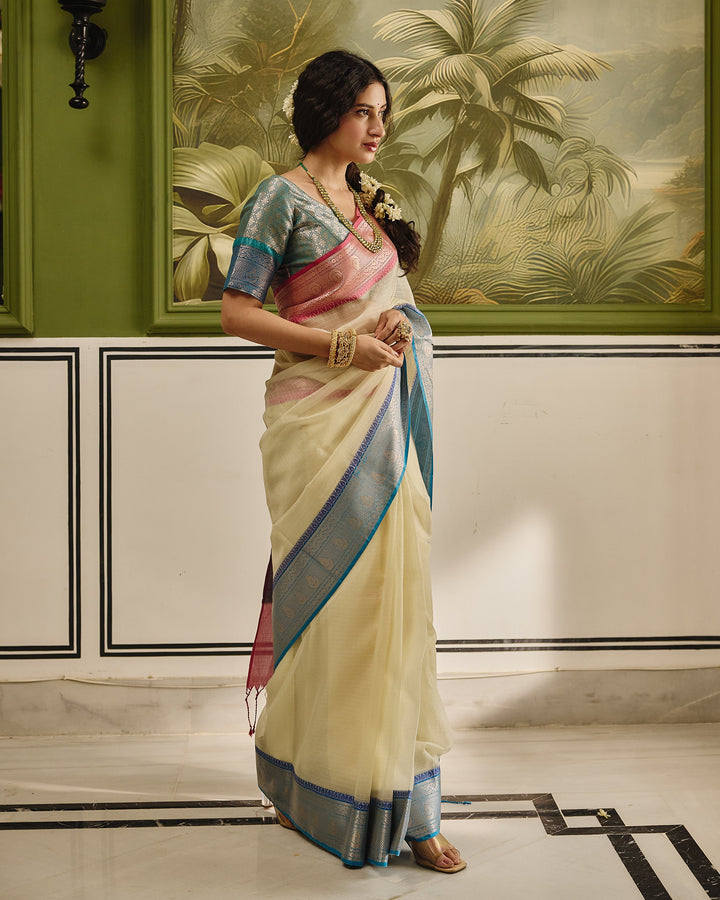 Elaria White Blue Doria Butta Border Saree