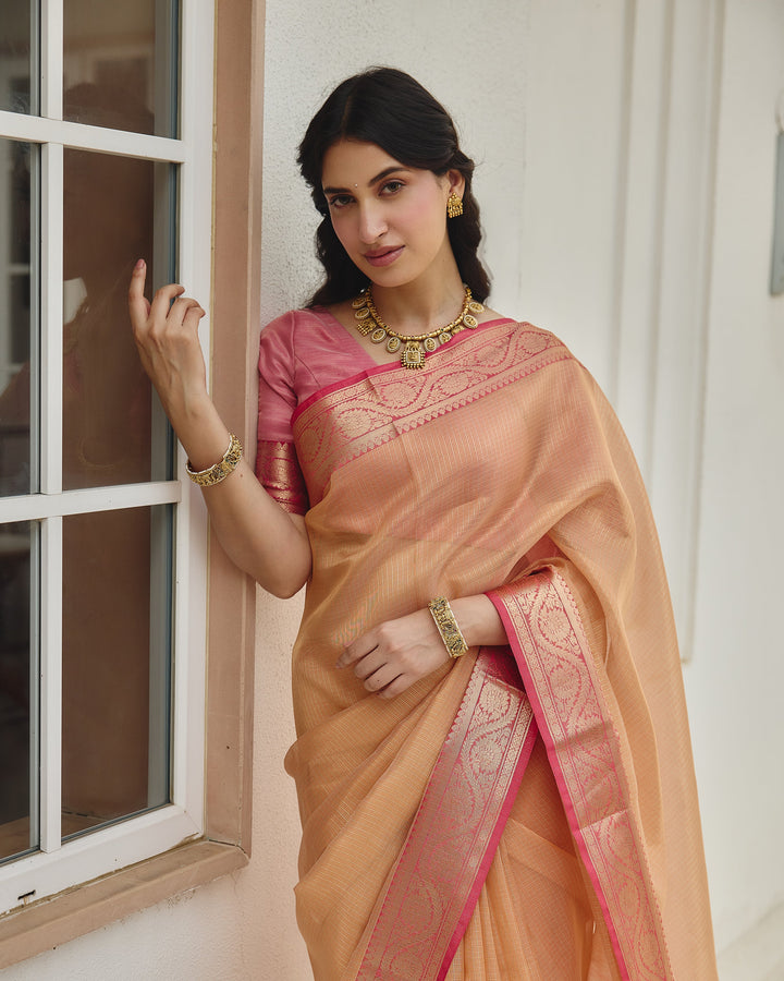Charm Peach Pink Doria Zari Border Saree