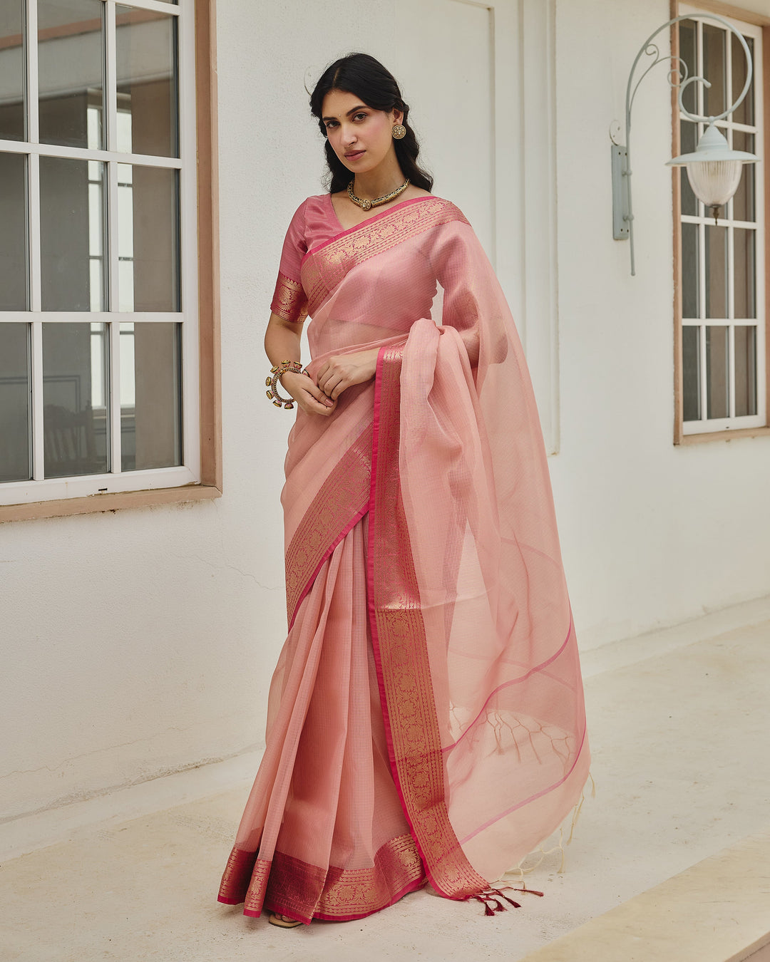 Soraya Pink Doria Zari Border Saree