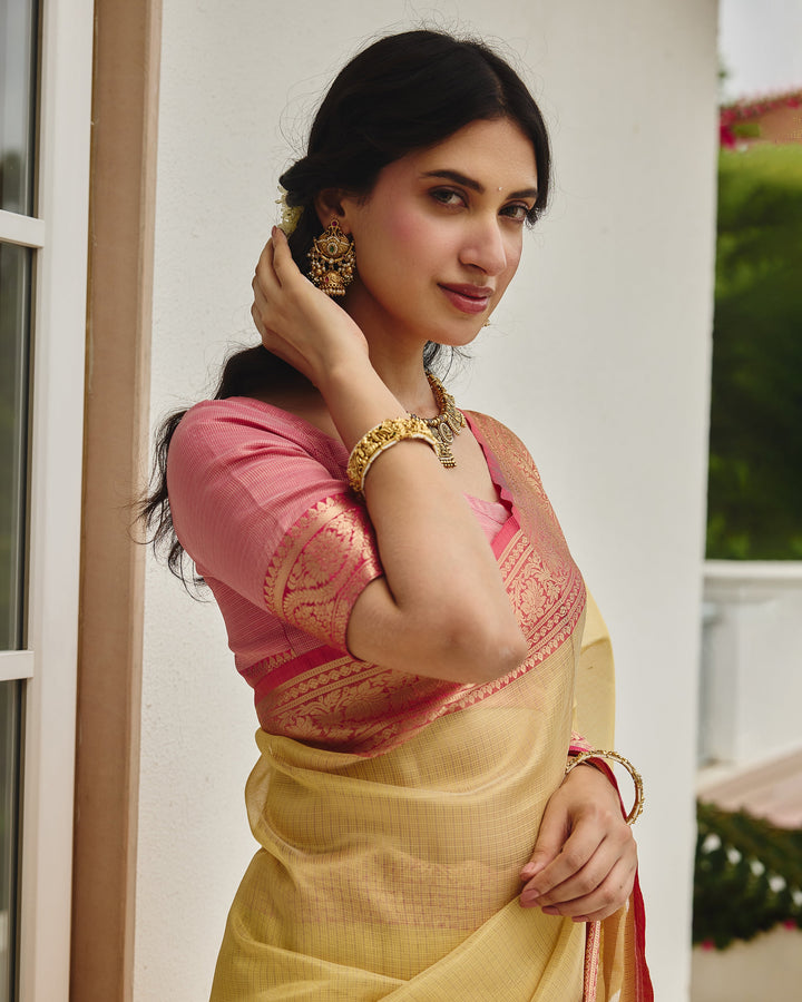 Shimmer Gold Pink Doria Zari Border Saree