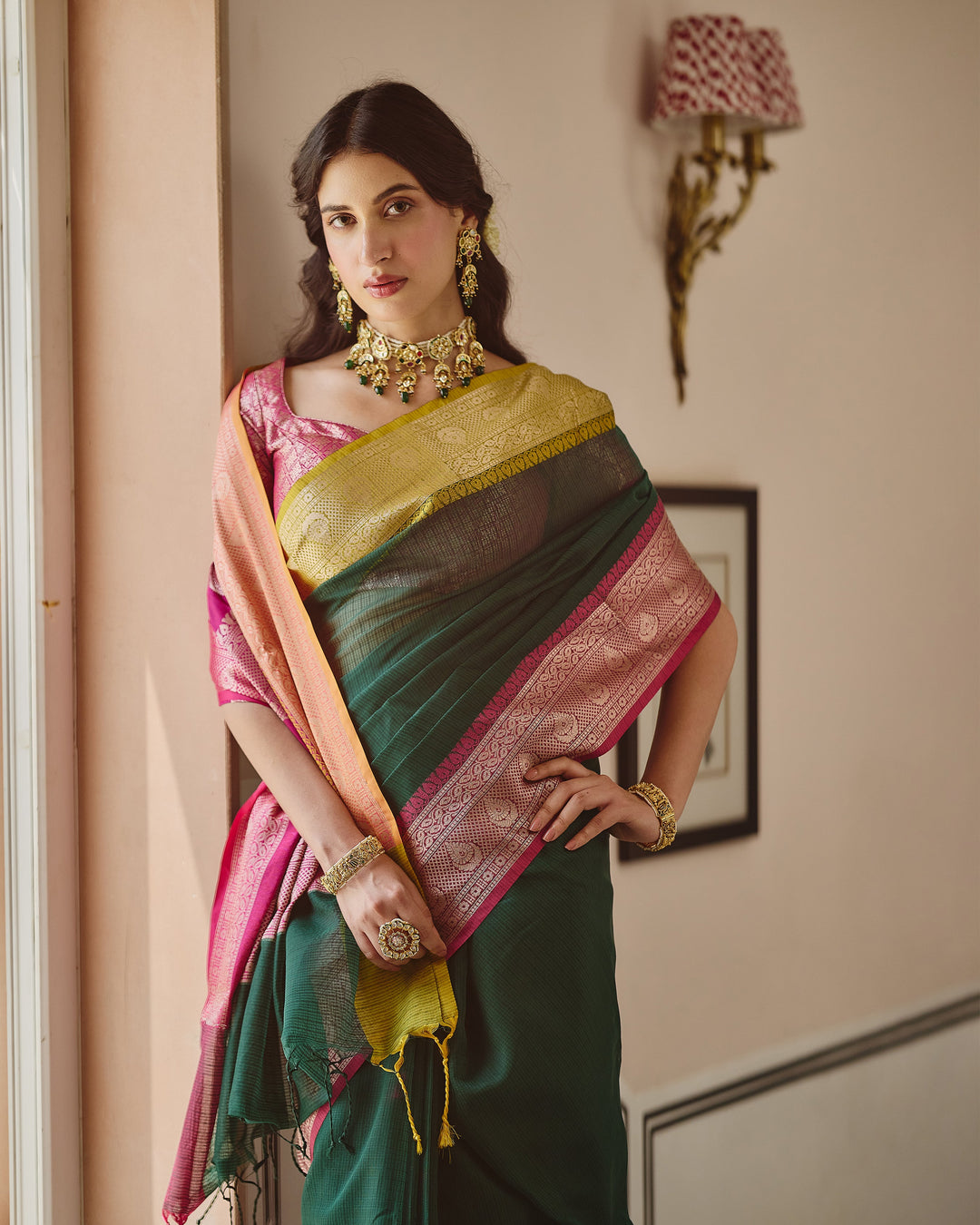 Astera Green Pink Doria Butta Border Saree