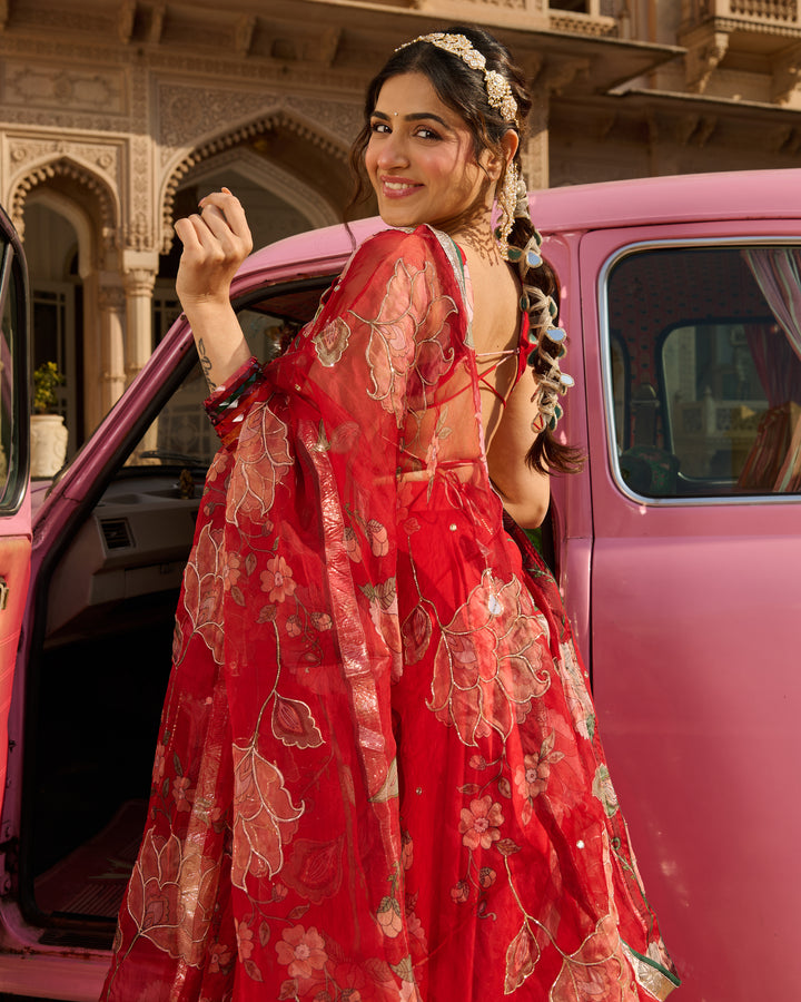 Nazm Red Printed Chanderi Lehenga Set