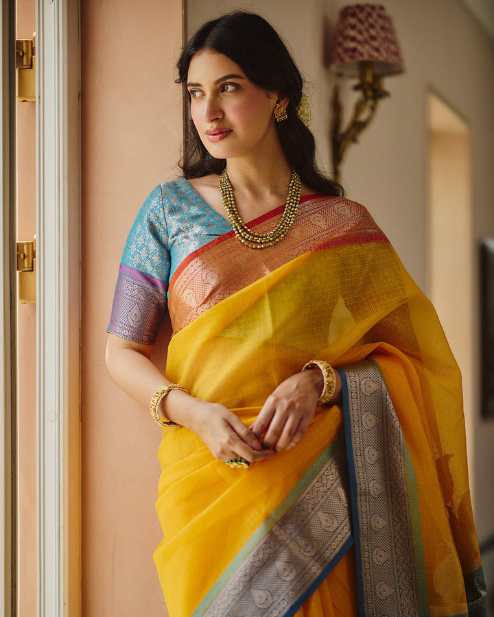 Viona Yellow Blue Doria Butta Border Saree