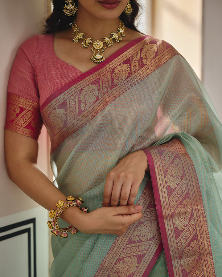 Rajat Sky Pink Doria Zari Border Saree