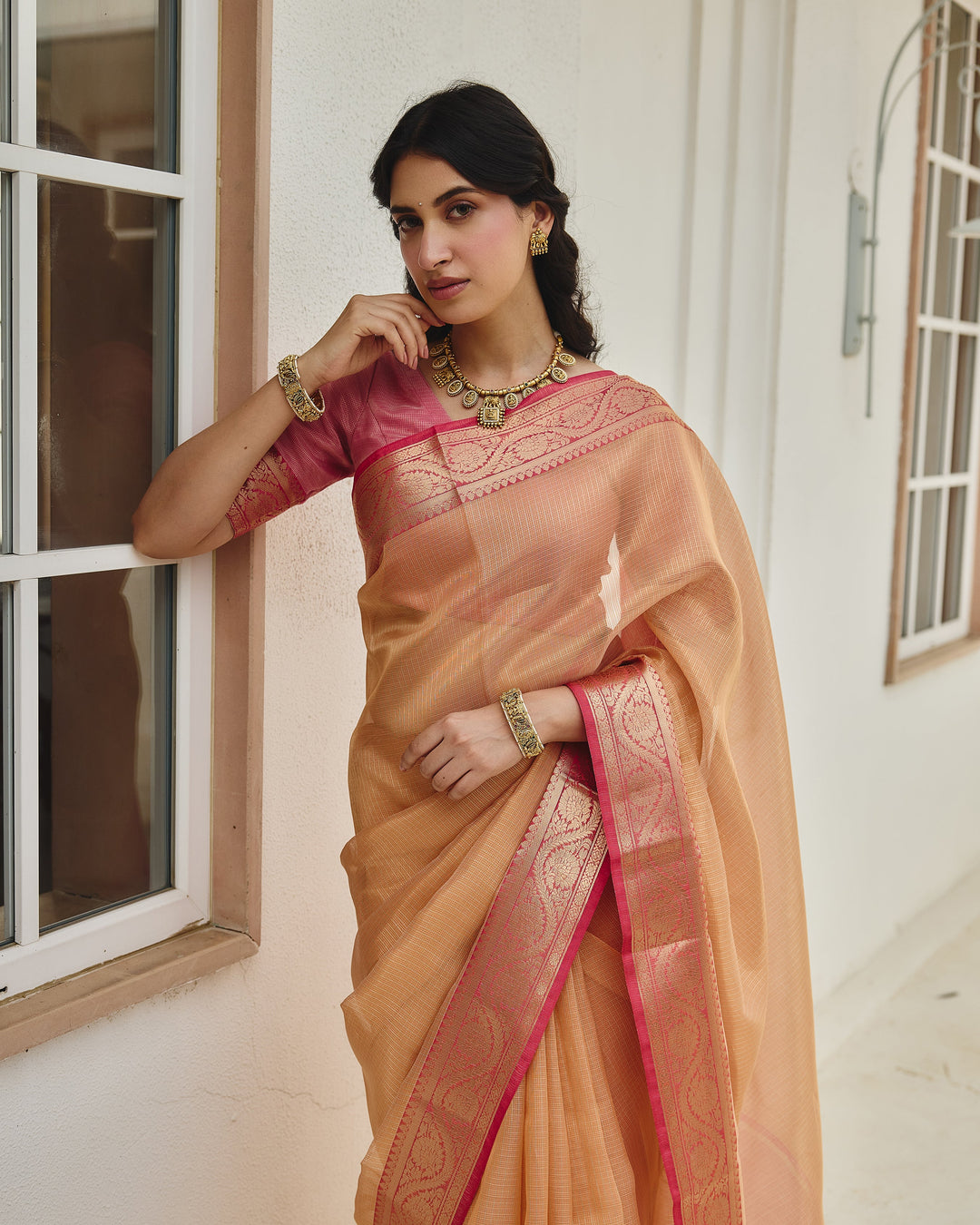 Charm Peach Pink Doria Zari Border Saree