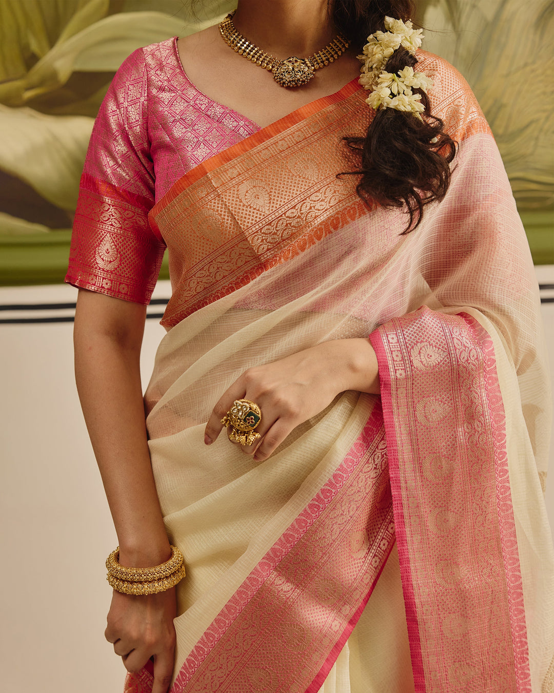 Tana White Pink Doria Butta Border Saree