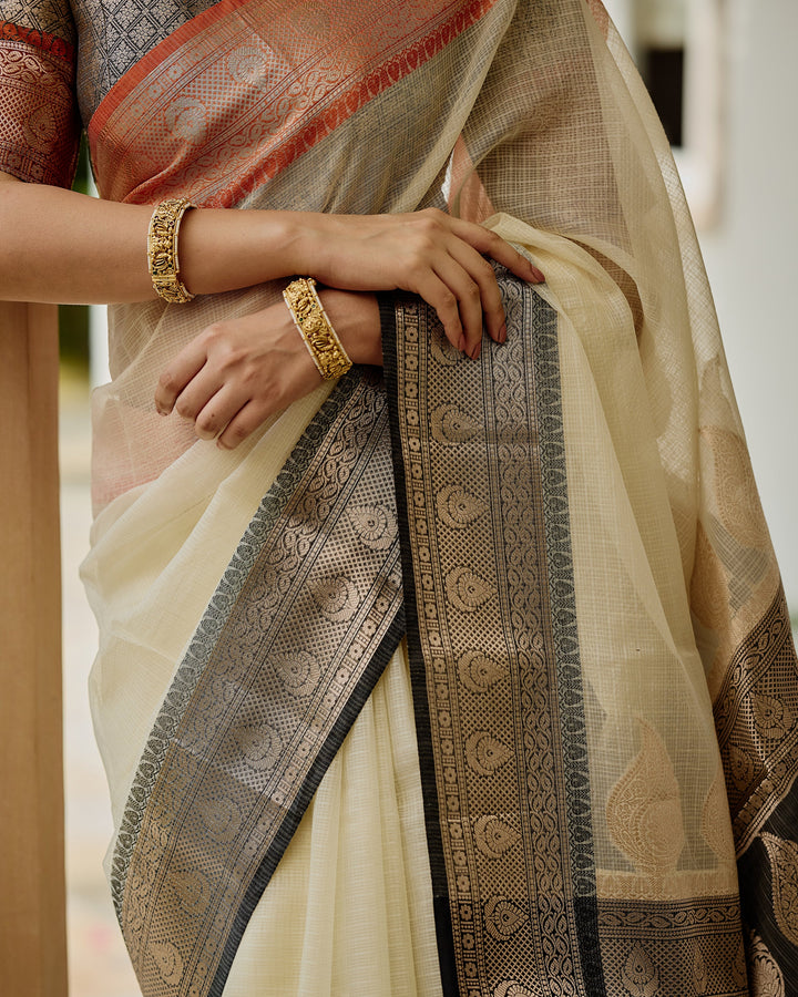 Evora White Black Doria Butta Border Saree