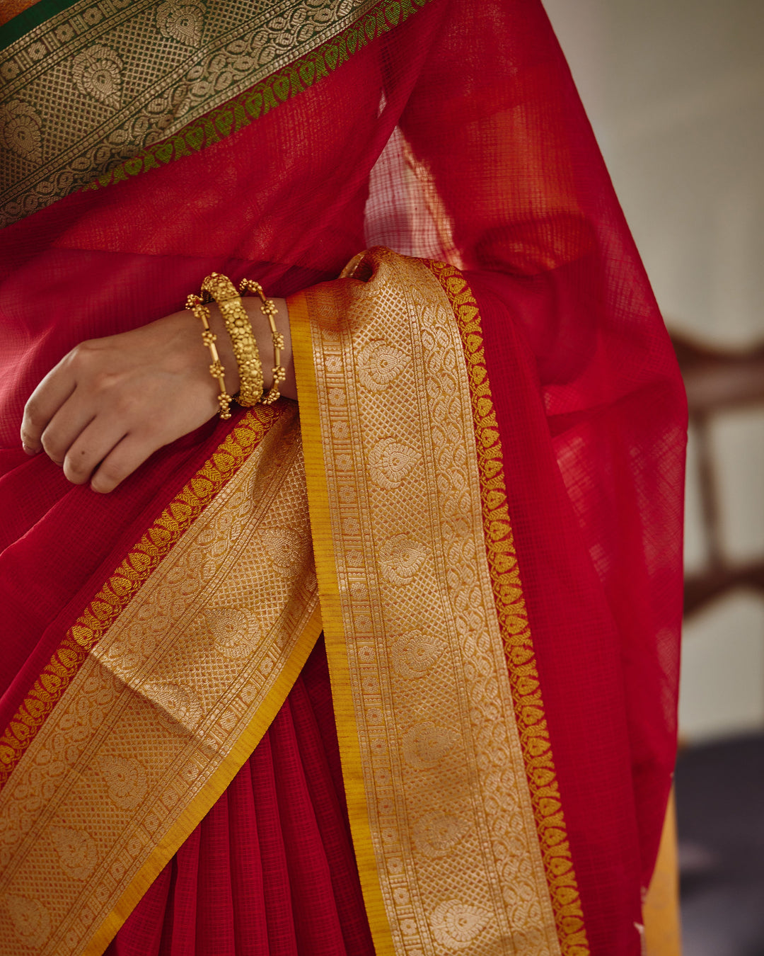 Shahi Red Yellow Doria Butta Border Saree