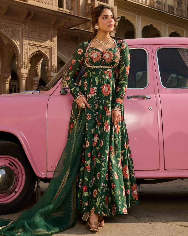 Zehra Green Printed Chanderi Suit Set