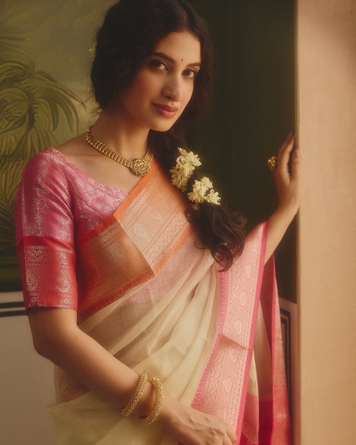 Tana White Pink Doria Butta Border Saree