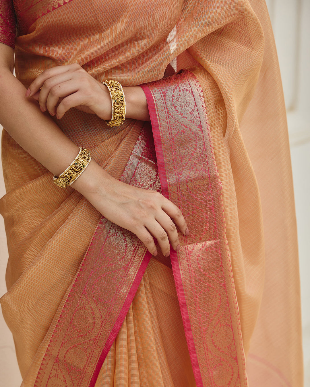 Charm Peach Pink Doria Zari Border Saree