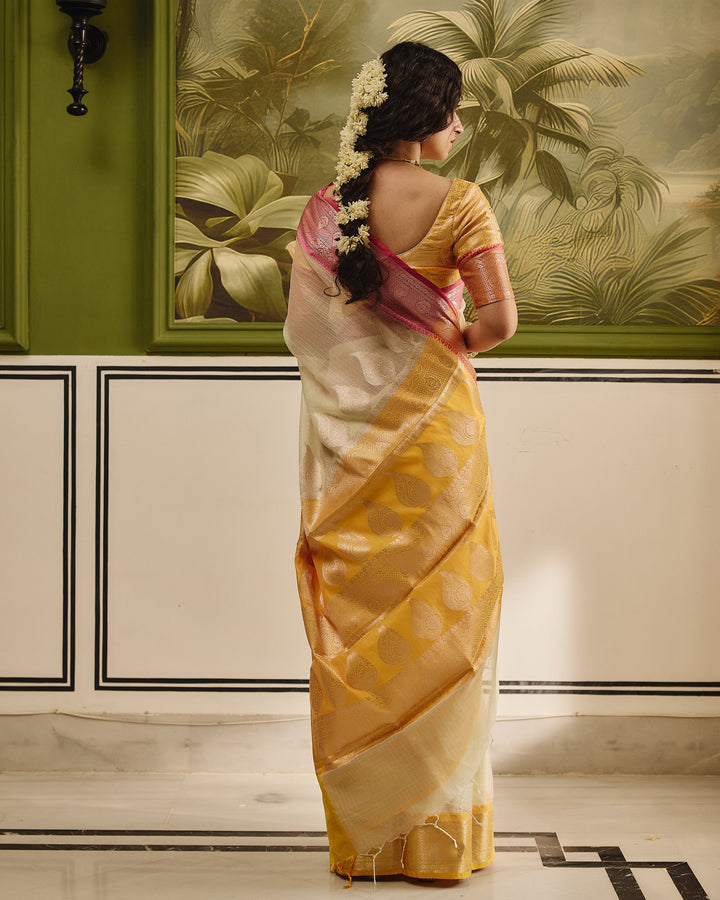 River White Yellow Doria Butta Border Saree