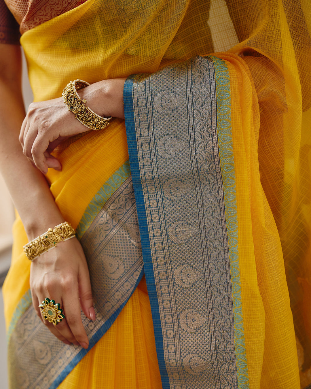 Viona Yellow Blue Doria Butta Border Saree