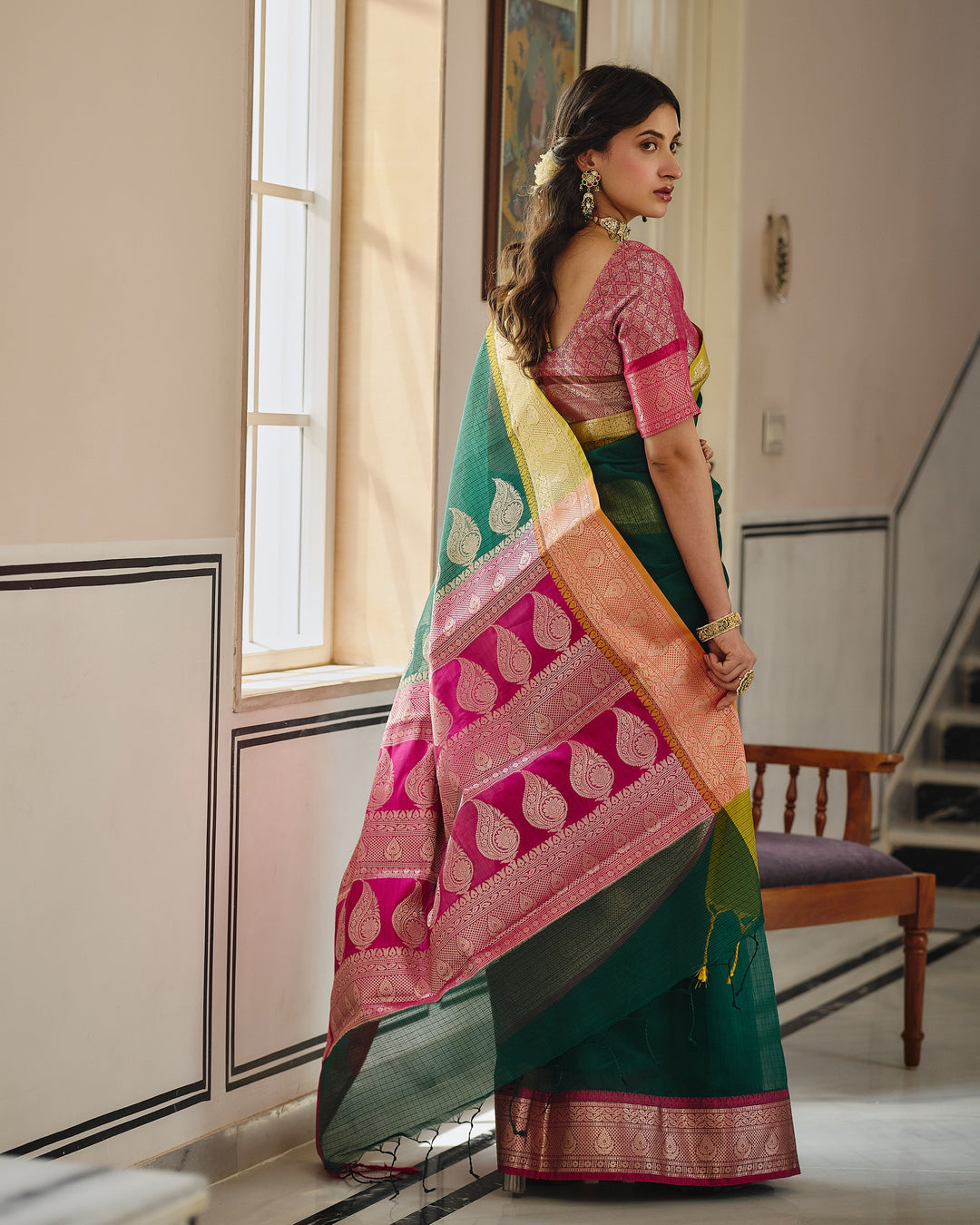 Astera Green Pink Doria Butta Border Saree