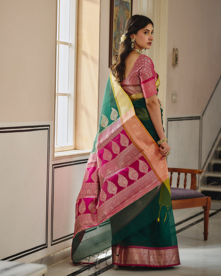 Astera Green Pink Doria Butta Border Saree