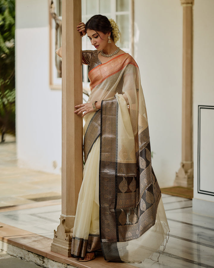 Evora White Black Doria Butta Border Saree