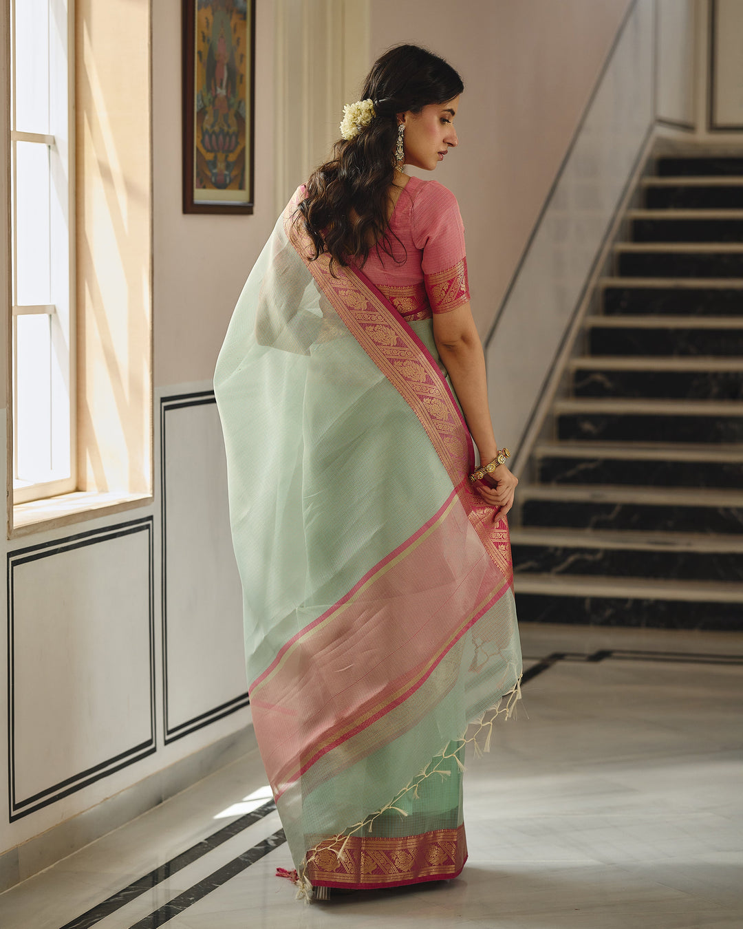 Rajat Sky Pink Doria Zari Border Saree